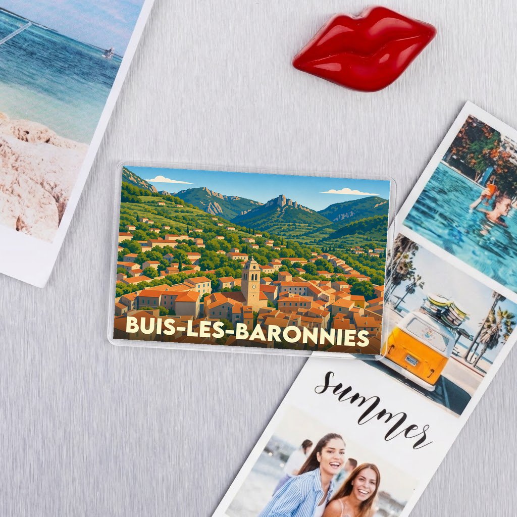 Magnet souvenir de la ville de Buis-les-Baronnies avec une illustration stylisée.