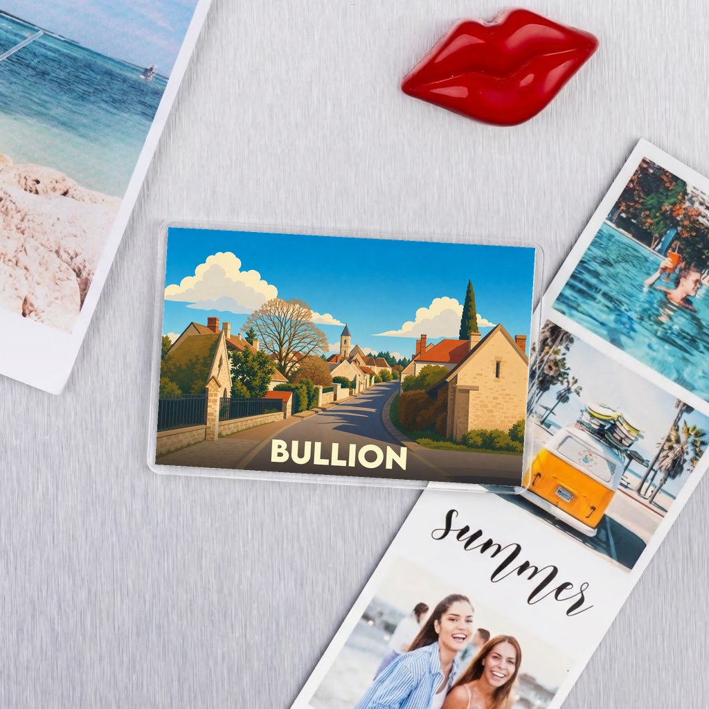 Magnet souvenir de la ville de Bullion avec une illustration stylisée d'un paysage urbain.
