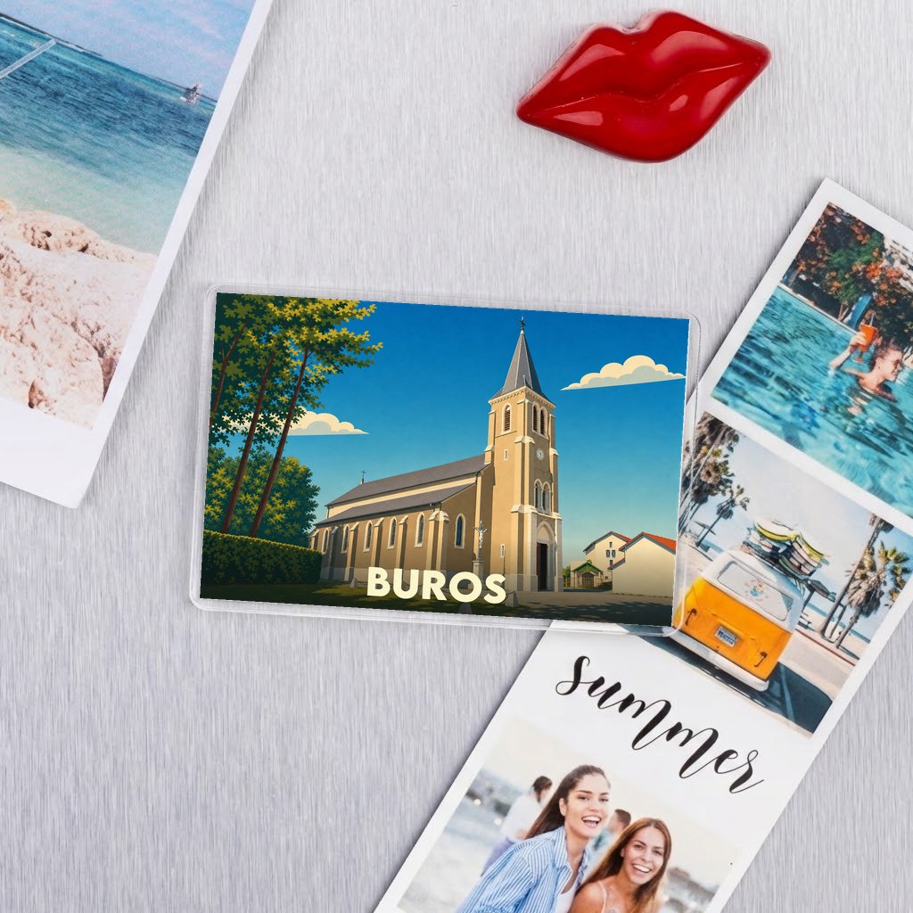 Magnet souvenir de la ville de Buros avec une illustration stylisée de son église.
