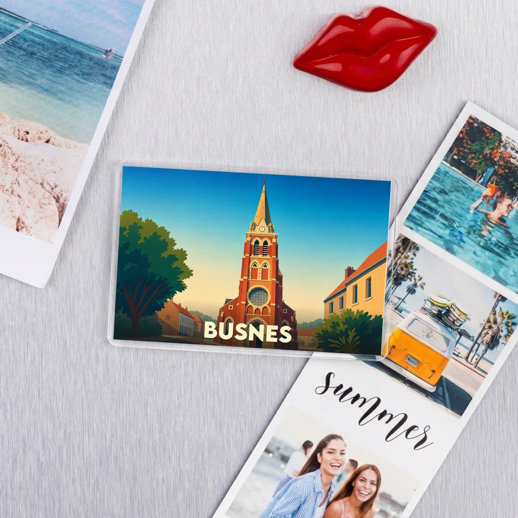 Magnet souvenir de la ville de Busnes avec une illustration stylisée de son église.