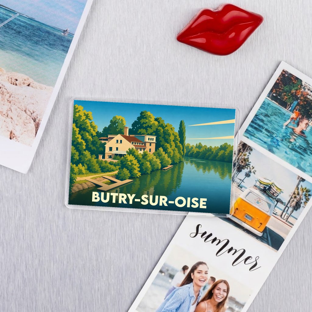 Magnet souvenir de la ville de Butry-sur-Oise avec une illustration stylisée d'une maison au bord de l'eau.