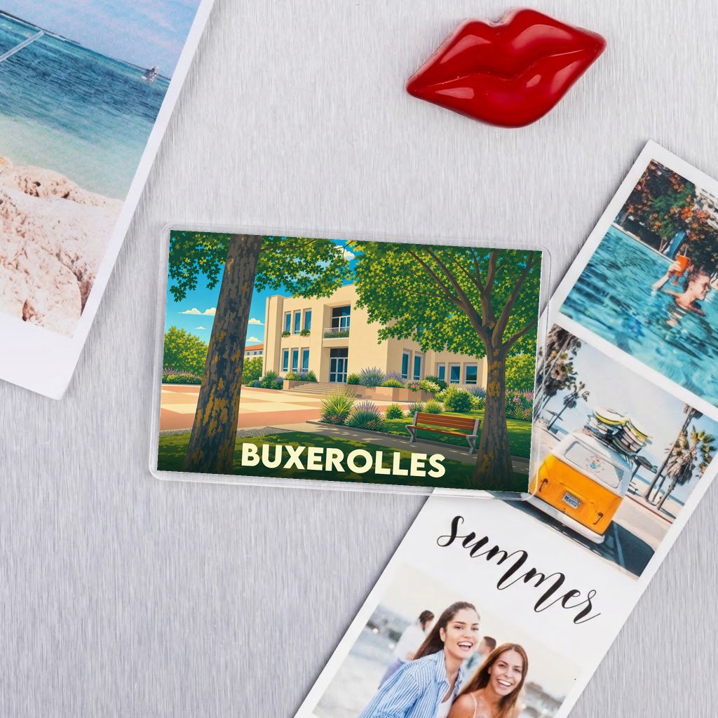 Magnet souvenir de la ville de Buxerolles avec une illustration colorée et stylisée de son hôtel de ville.
