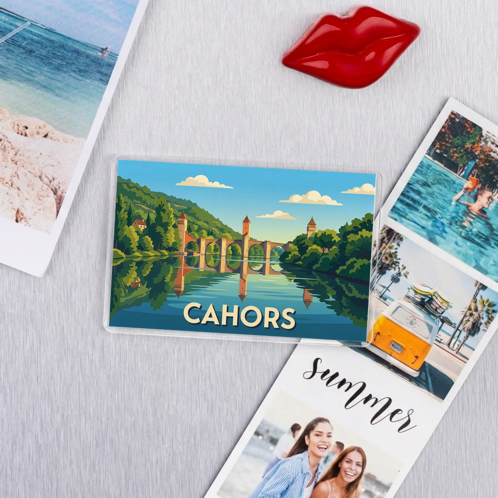 Magnet souvenir de la ville de Cahors avec une illustration stylisée.