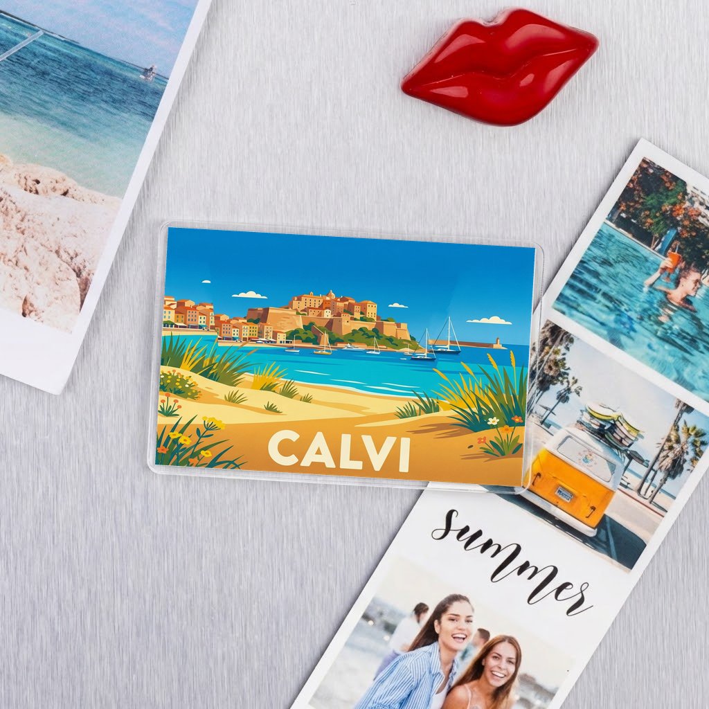 Magnet souvenir de la ville de Calvi avec une illustration stylisée de sa citadelle et de son front de mer.