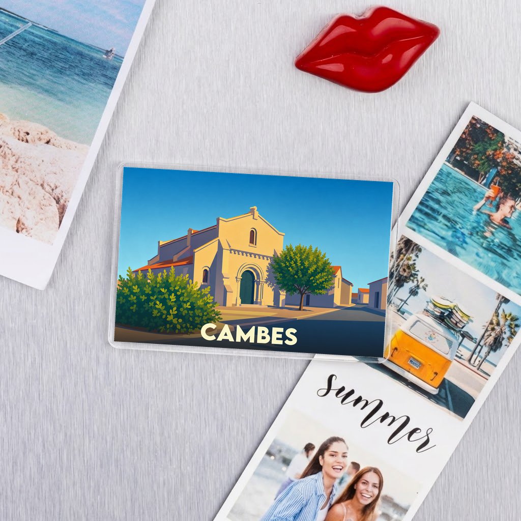 Magnet souvenir de la ville de Cambes avec une illustration stylisée de son église.