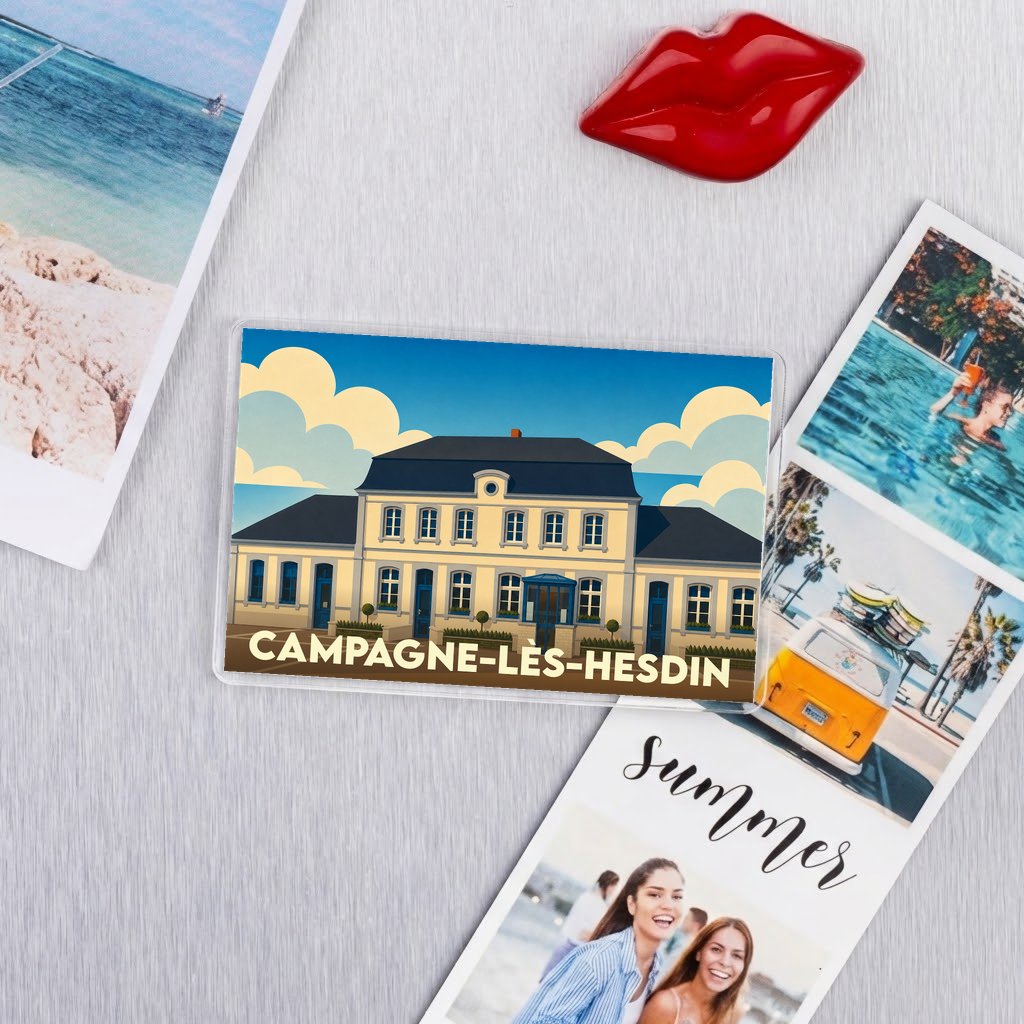 Magnet souvenir de la ville de Campagne-lès-Hesdin avec une illustration stylisée de sa mairie.