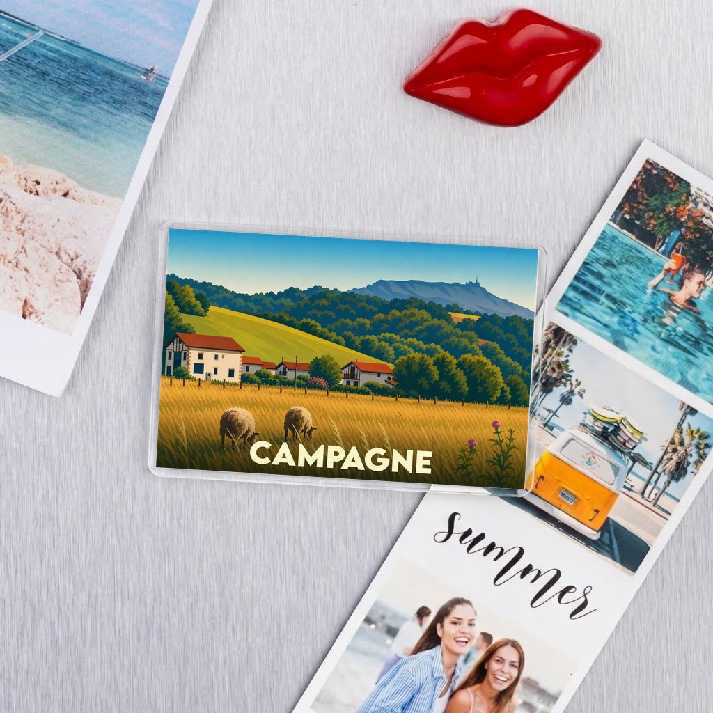 Magnet souvenir de la ville de Campagne avec une illustration de style vintage.