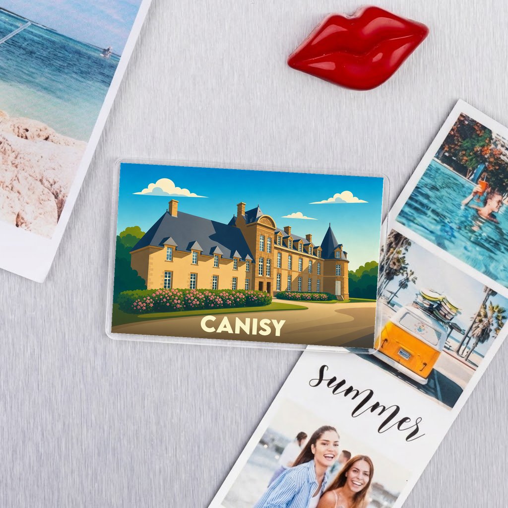 Magnet souvenir de la ville de Canisy avec une illustration stylisée du château.