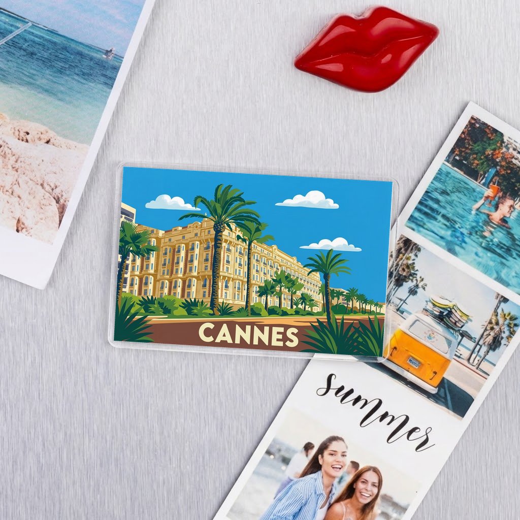 Magnet souvenir de la ville de Cannes avec une illustration stylisée de ses bâtiments emblématiques et de ses palmiers.