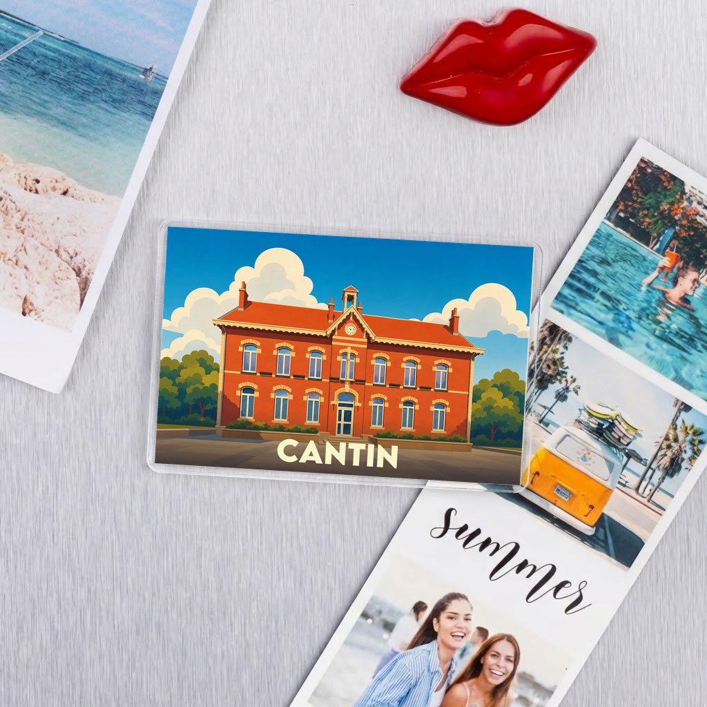 Magnet souvenir de la ville de Cantin avec une illustration stylisée d'un bâtiment historique.