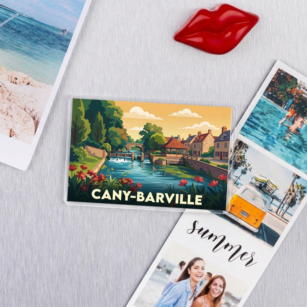 Magnet souvenir de la ville de Cany-Barville avec une illustration stylisée d'un paysage fluvial.