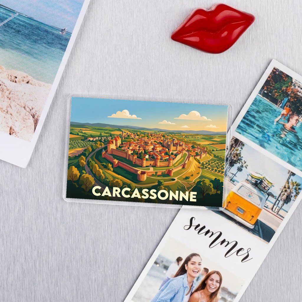Magnet souvenir de la ville de Carcassonne avec une illustration stylisée de sa cité médiévale.