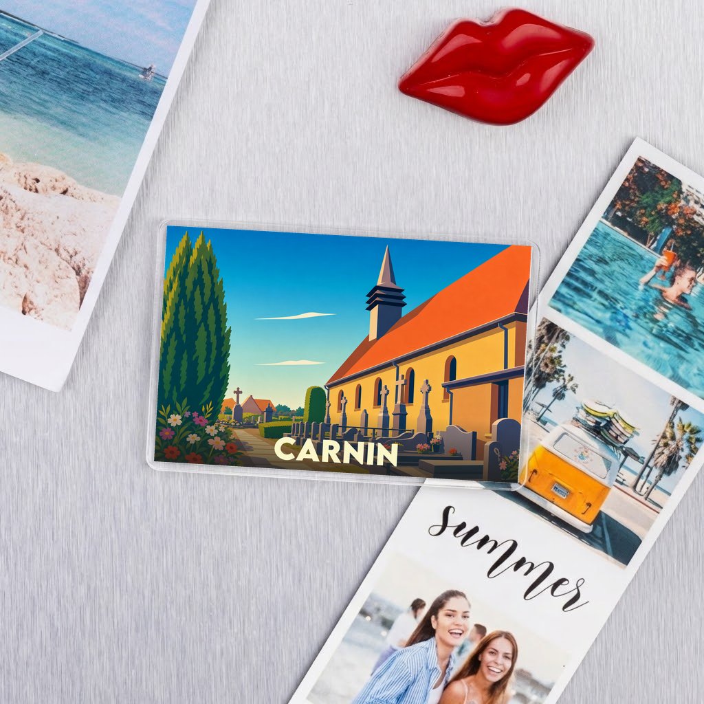 Magnet souvenir de la ville de Carnin avec une illustration stylisée de son église.