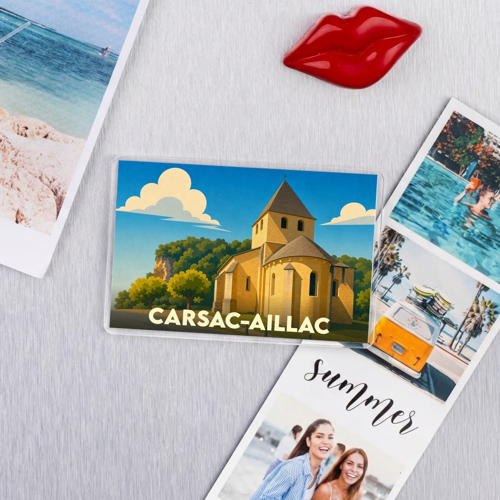Magnet souvenir de la ville de Carsac-Aillac avec une illustration stylisée de son église romane.