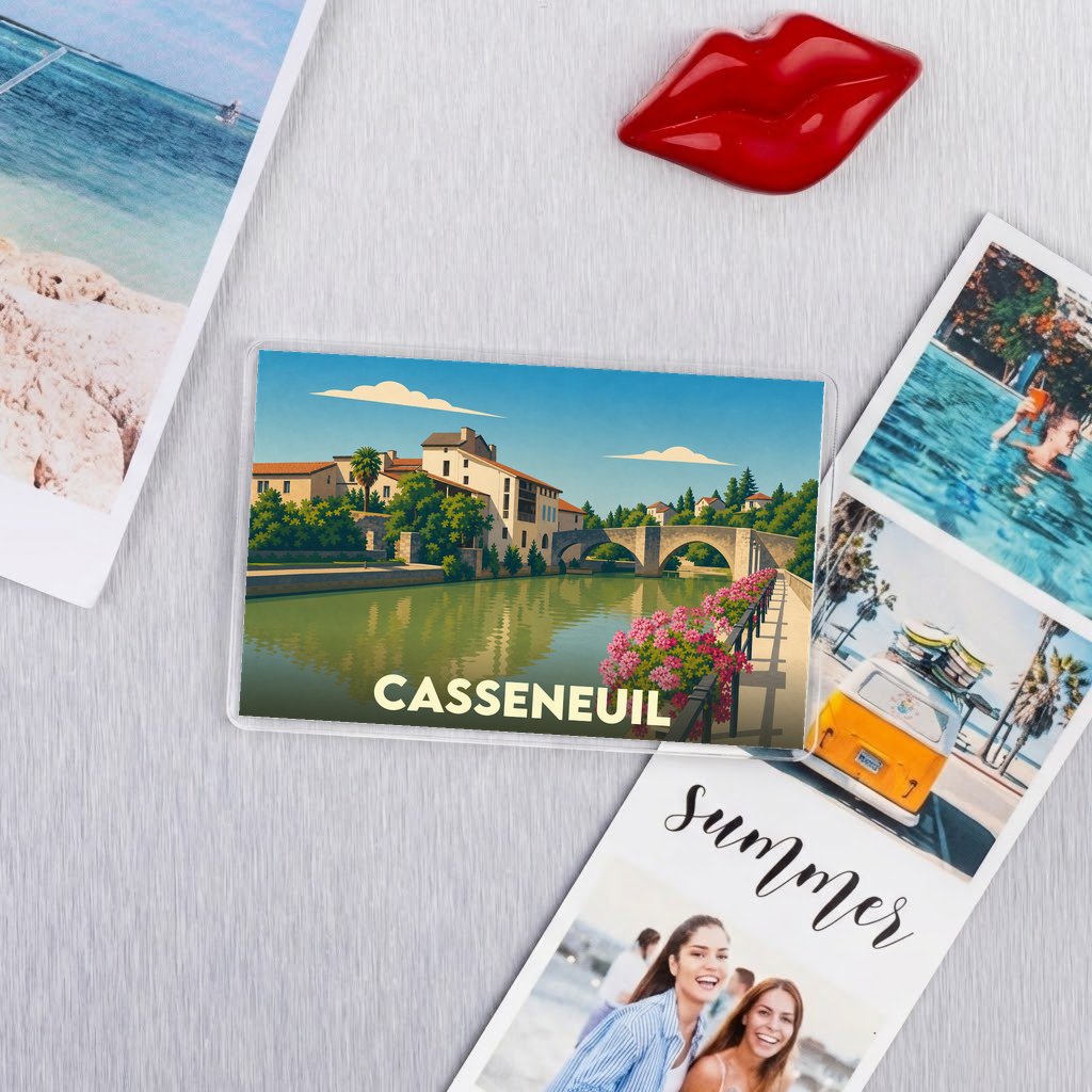 Magnet souvenir de la ville de Casseneuil avec une illustration stylisée de ses bords de rivière.
