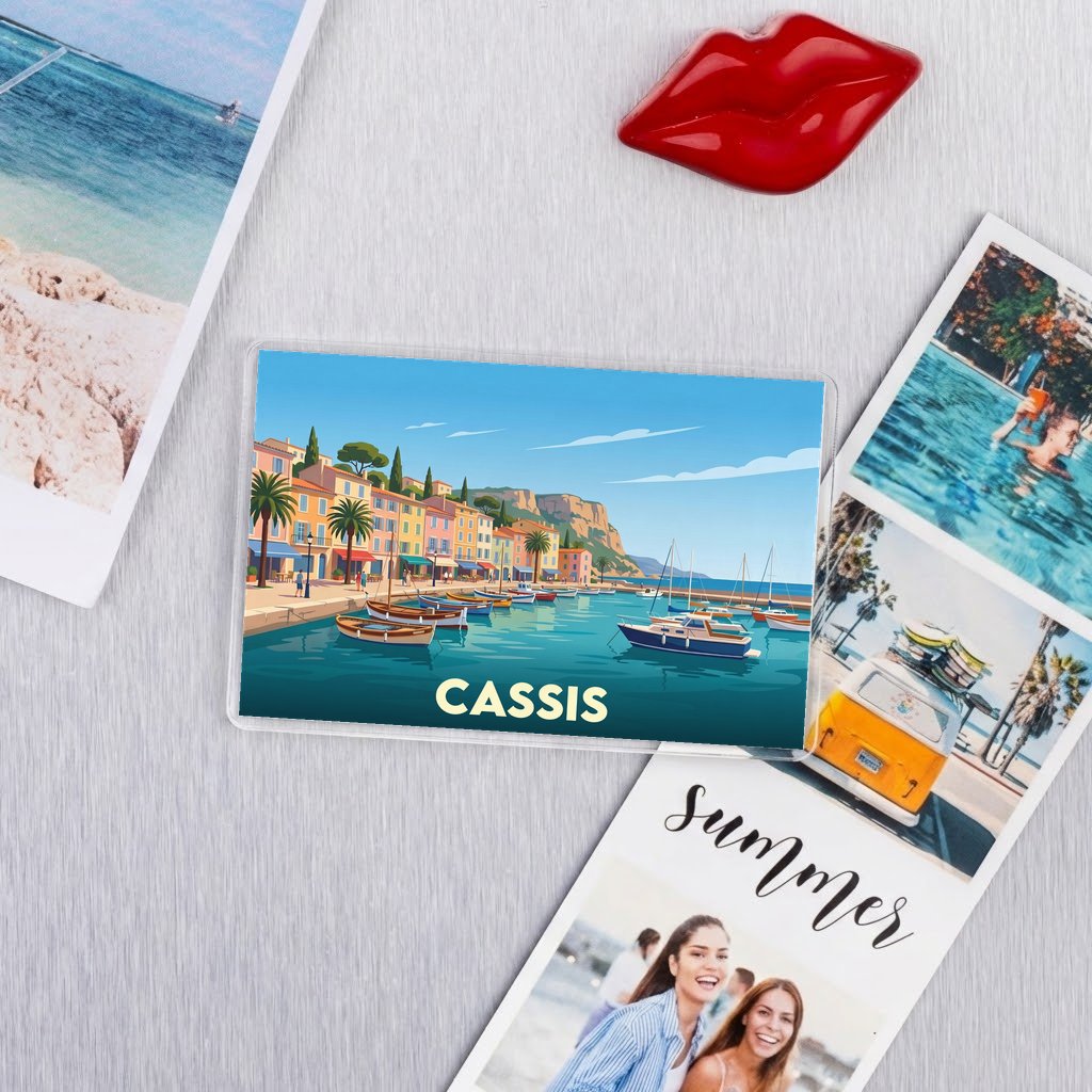 Magnet souvenir de la ville de Cassis avec une illustration stylisée de son port.