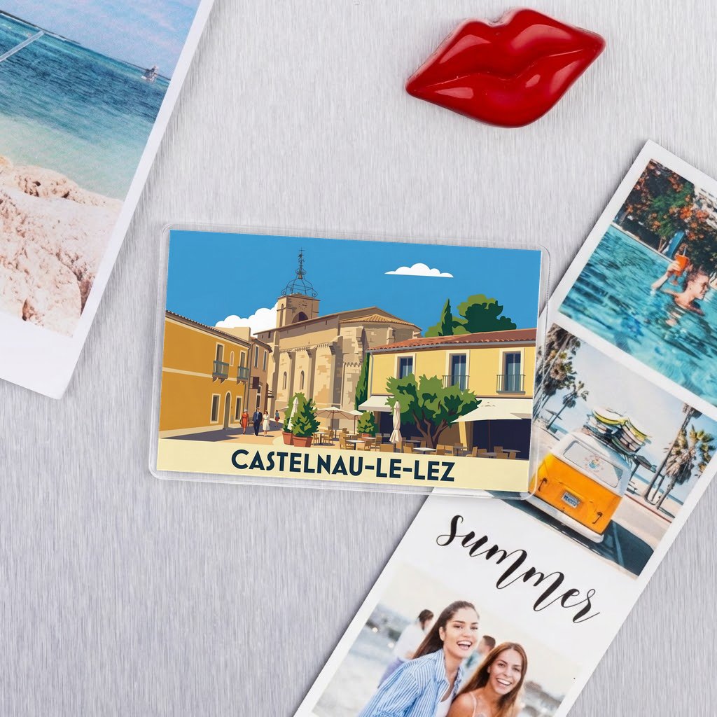 Magnet souvenir de la ville de Castelnau-le-Lez avec une illustration stylisée.