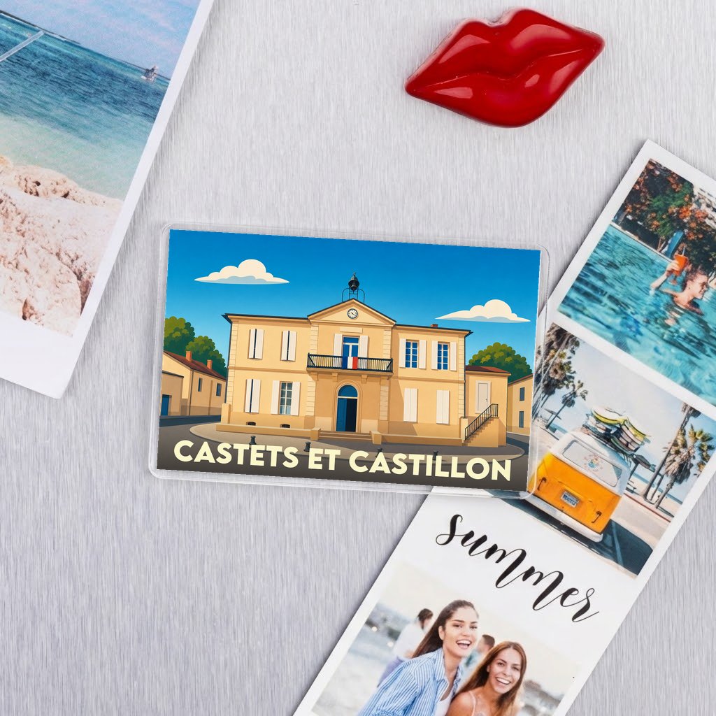 Magnet souvenir de la ville de Castets et Castillon avec une illustration stylisée de sa mairie.