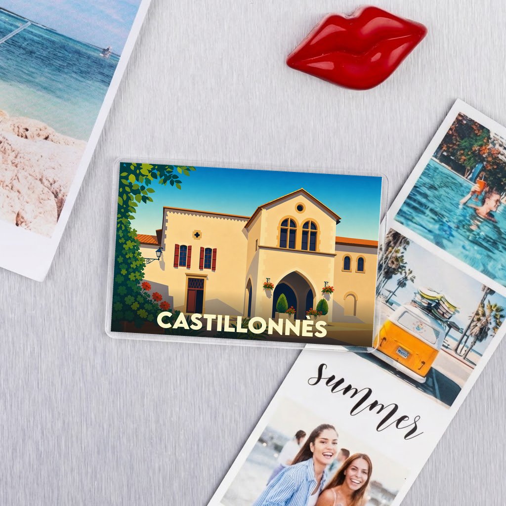 Magnet souvenir de la ville de Castillonnès avec une illustration stylisée.
