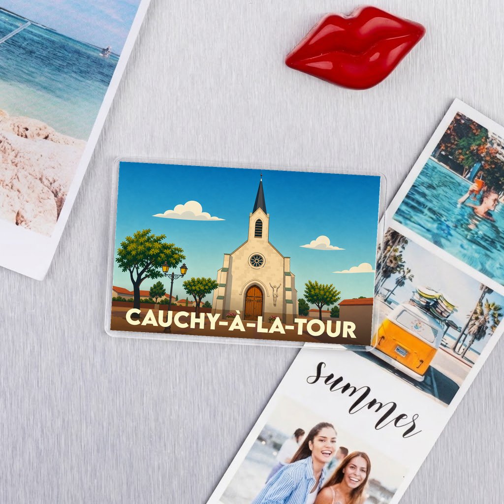 Magnet souvenir de la ville de Cauchy-à-la-Tour avec une illustration stylisée de son église.