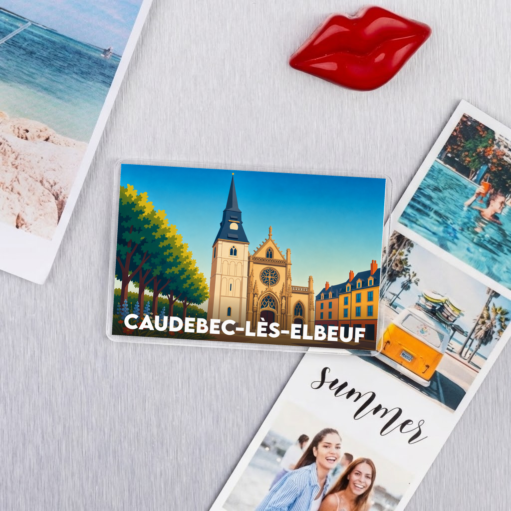 Magnet souvenir de la ville de Caudebec-lès-Elbeuf avec une illustration stylisée de son église et de ses maisons colorées.