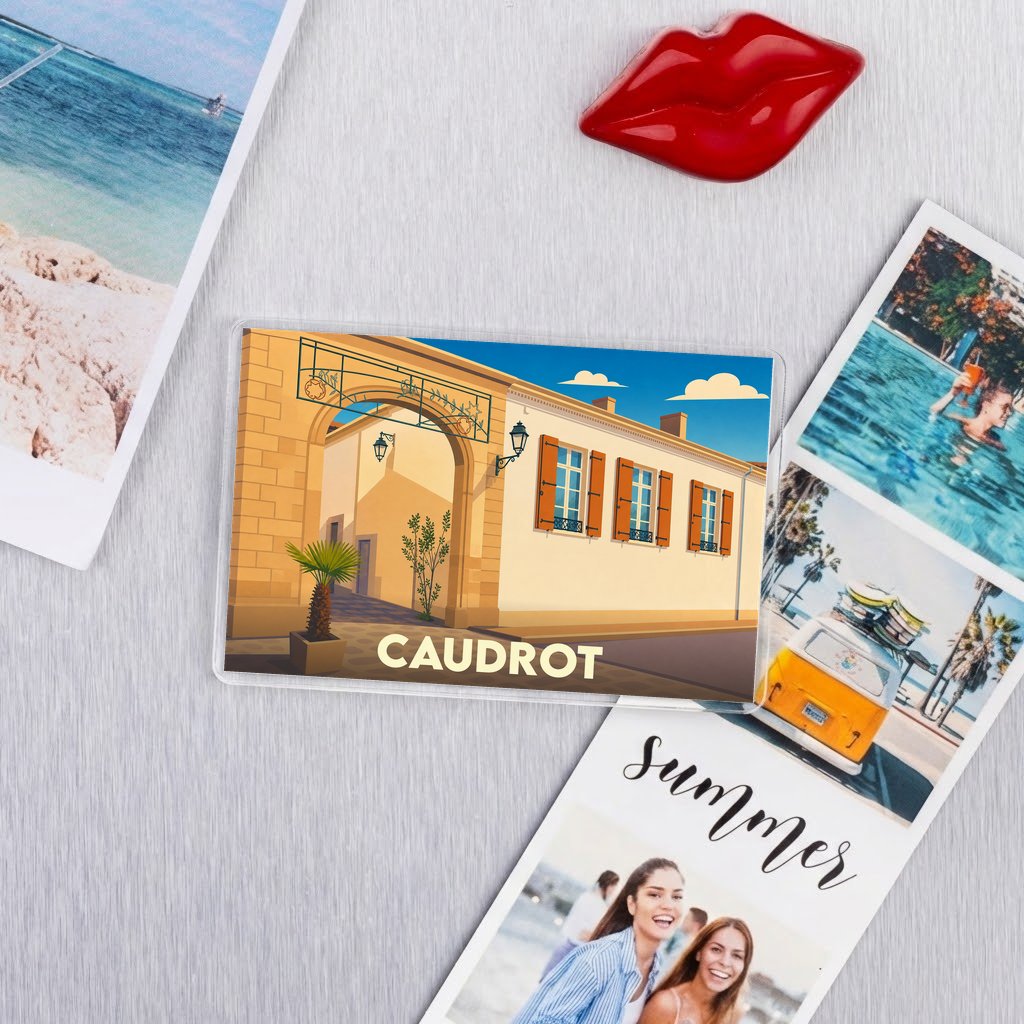 Magnet souvenir de la ville de Caudrot avec une illustration stylisée.