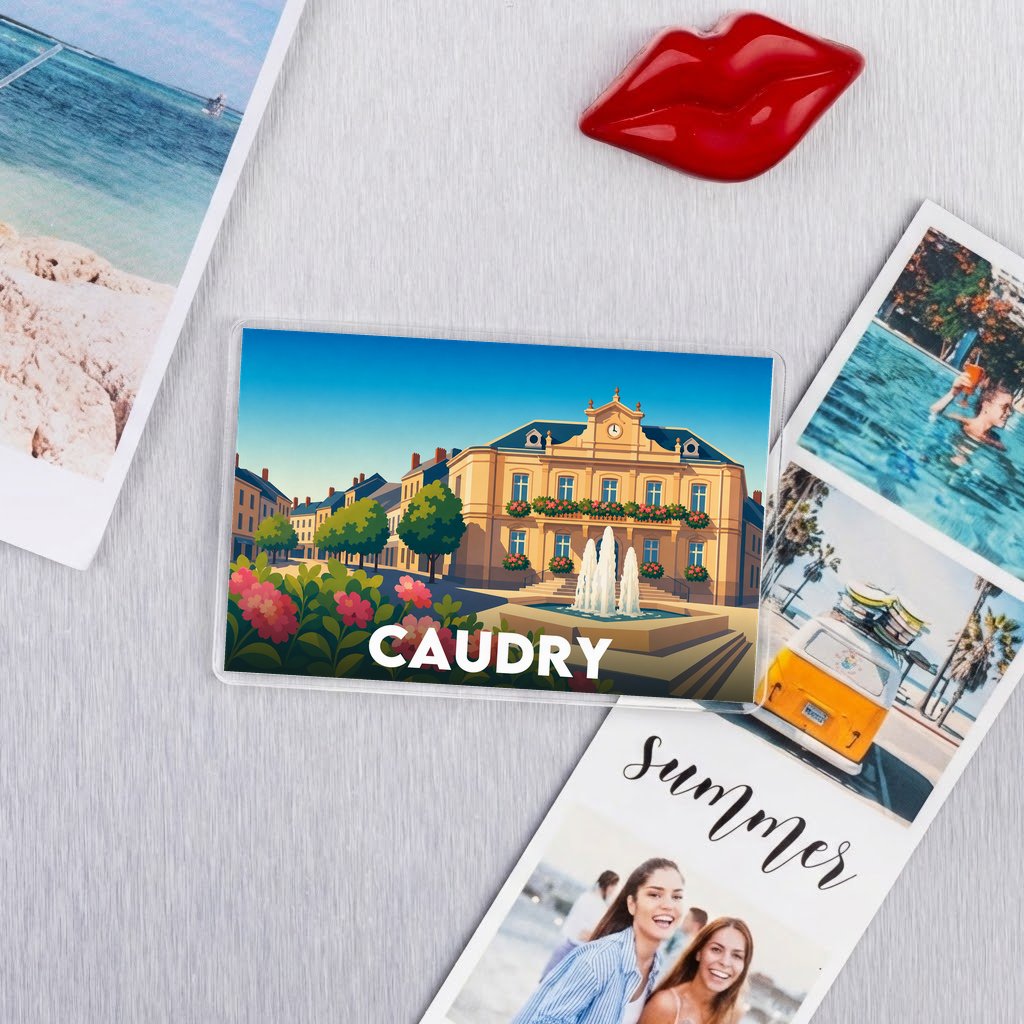 Magnet souvenir de la ville de Caudry avec une illustration stylisée.