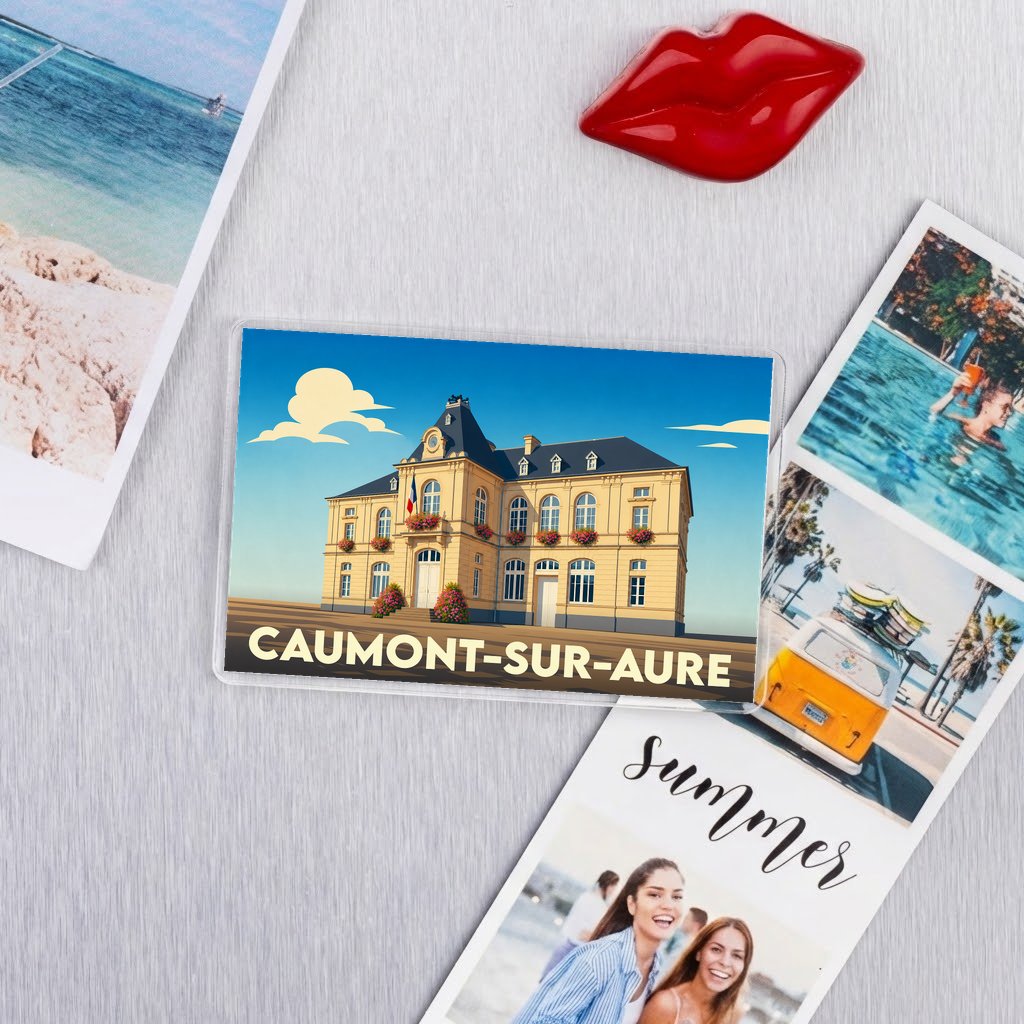 Magnet souvenir de la ville de Caumont-sur-Aure avec une illustration stylisée de son hôtel de ville.