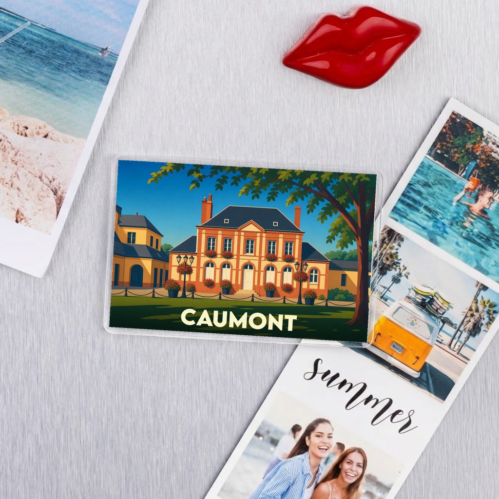 Magnet souvenir de la ville de Caumont illustrant une élégante demeure bourgeoise sous un ciel bleu.