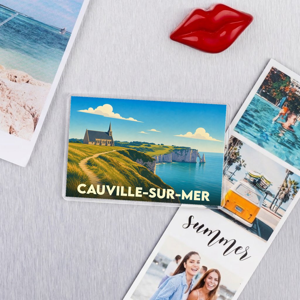 Magnet souvenir de la ville de Cauville-sur-Mer avec une illustration stylisée.