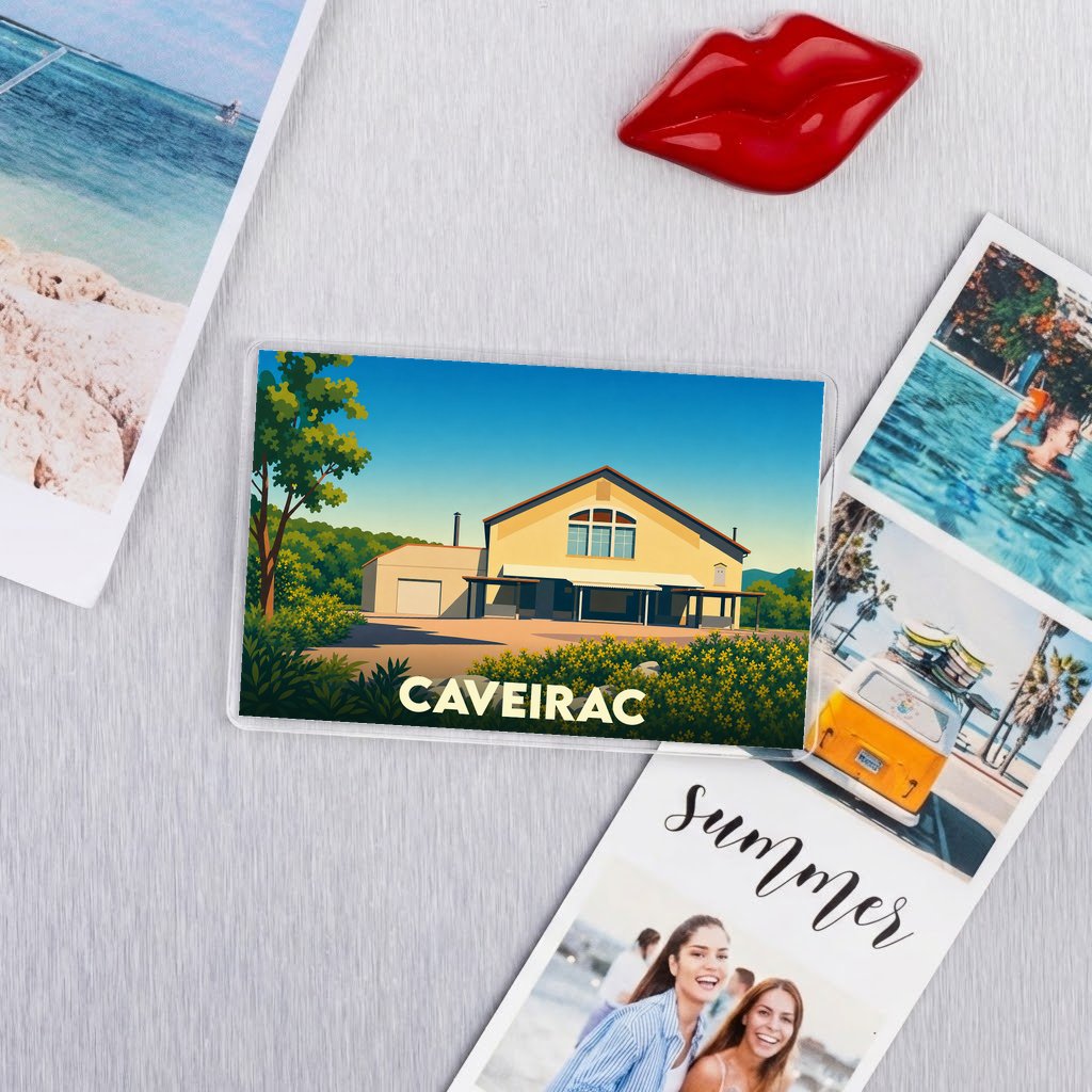 Magnet souvenir de la ville de Caveirac avec une illustration stylisée.