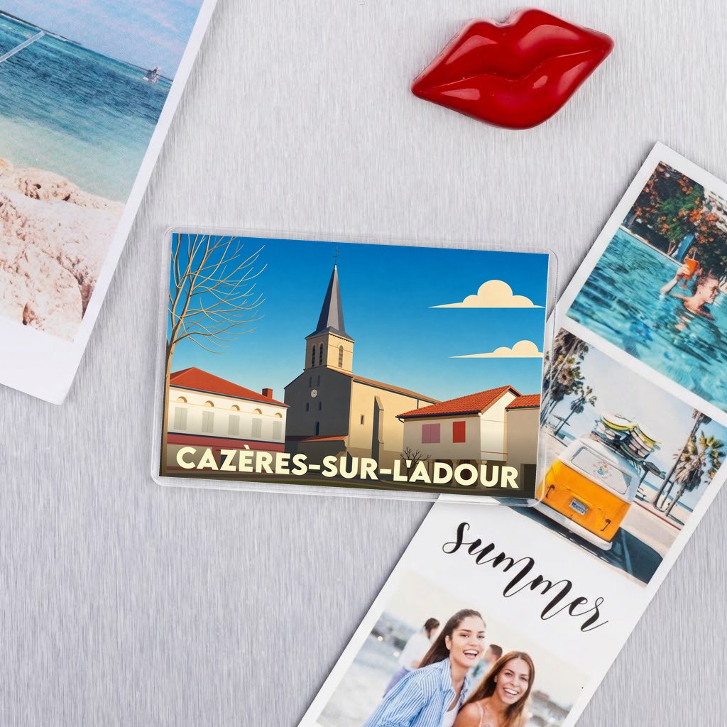 Magnet souvenir de la ville de Cazères-sur-l'Adour avec une illustration stylisée.