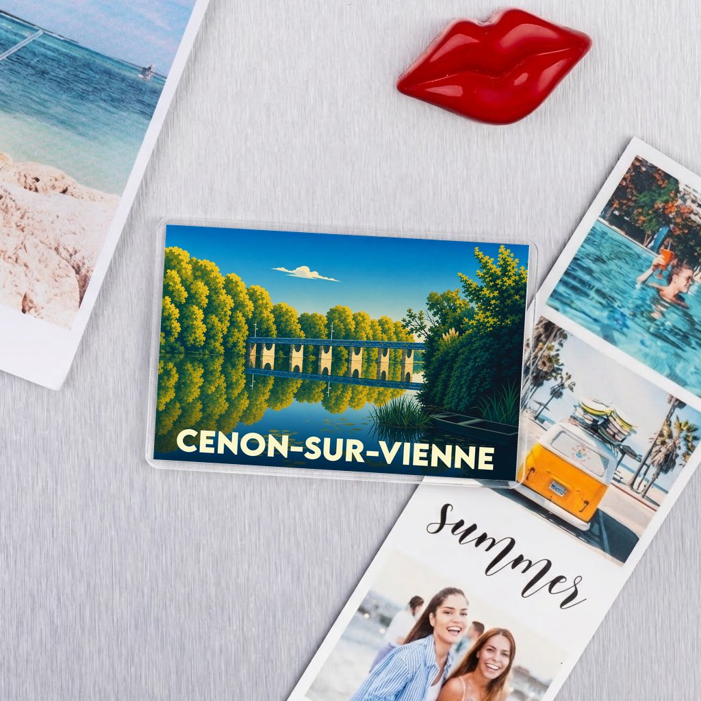 Magnet souvenir de la ville de Cenon-sur-Vienne avec une illustration stylisée d'un pont se reflétant dans l'eau.