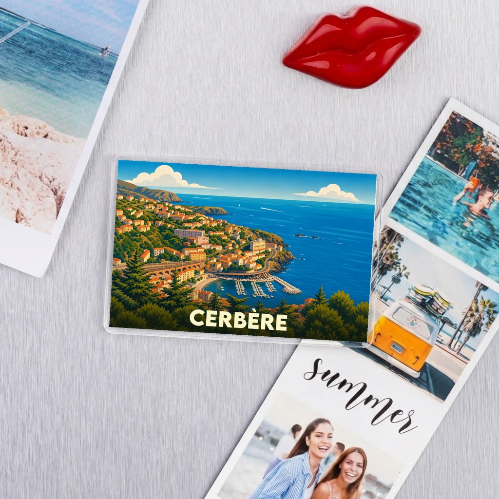 Magnet souvenir de la ville de Cerbère avec une illustration stylisée du littoral.