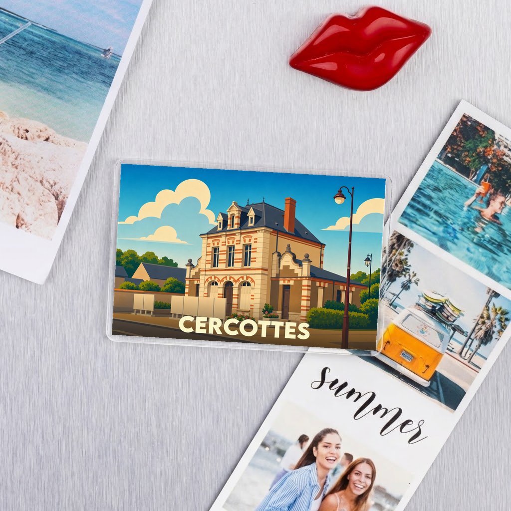 Magnet souvenir de la ville de Cercottes avec une illustration stylisée de sa gare.