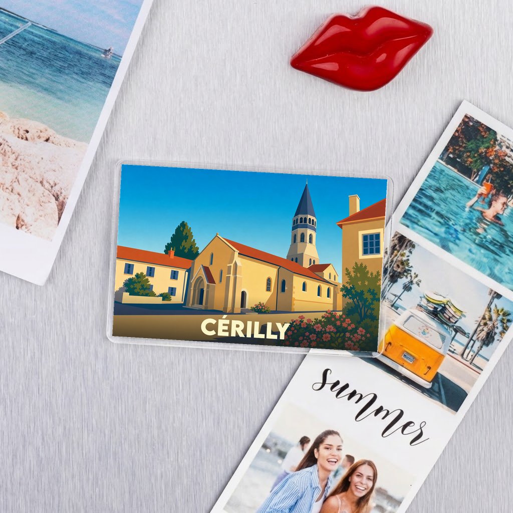 Magnet souvenir de la ville de Cérilly avec une illustration stylisée d'une église romane.