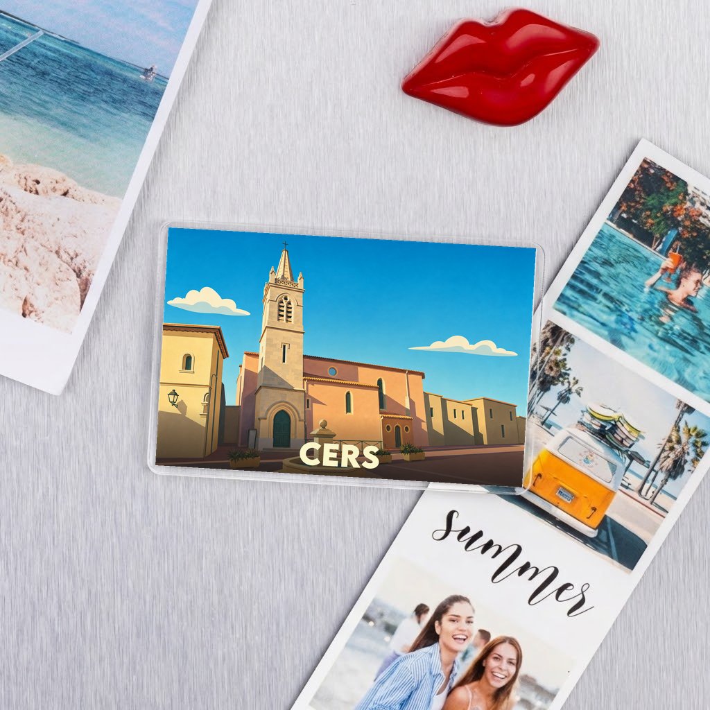 Magnet souvenir de la ville de Cers avec une illustration stylisée de son église.