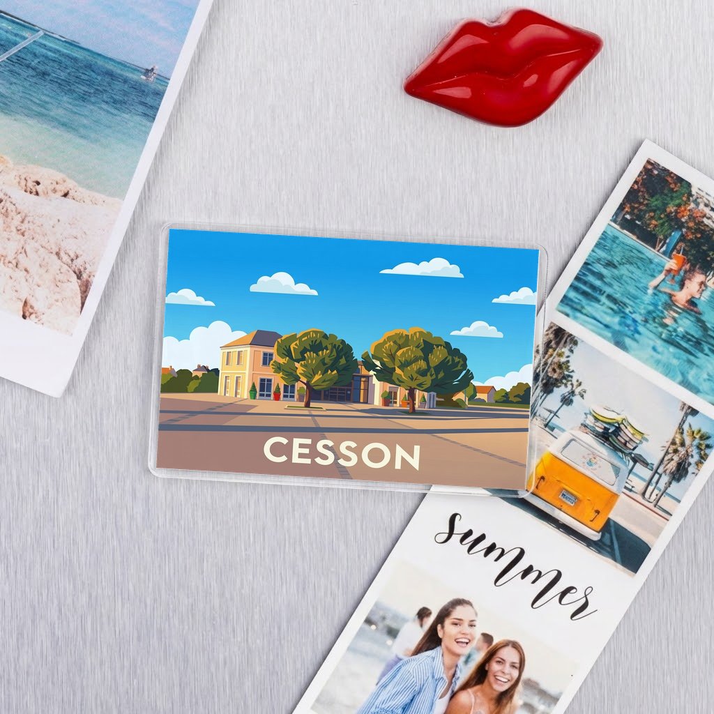Magnet souvenir de la ville de Cesson avec une illustration stylisée.