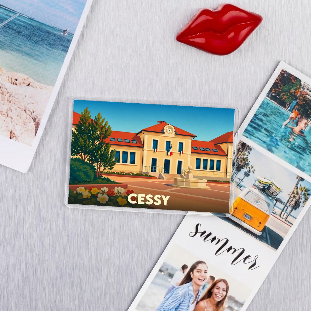 Magnet souvenir de la ville de Cessy avec une illustration colorée de la mairie.