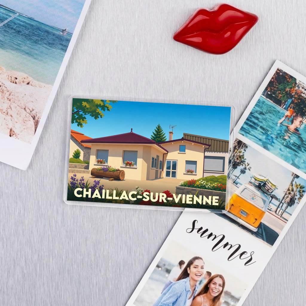 Magnet souvenir de la ville de Chaillac-sur-Vienne avec une illustration stylisée d'une maison fleurie.
