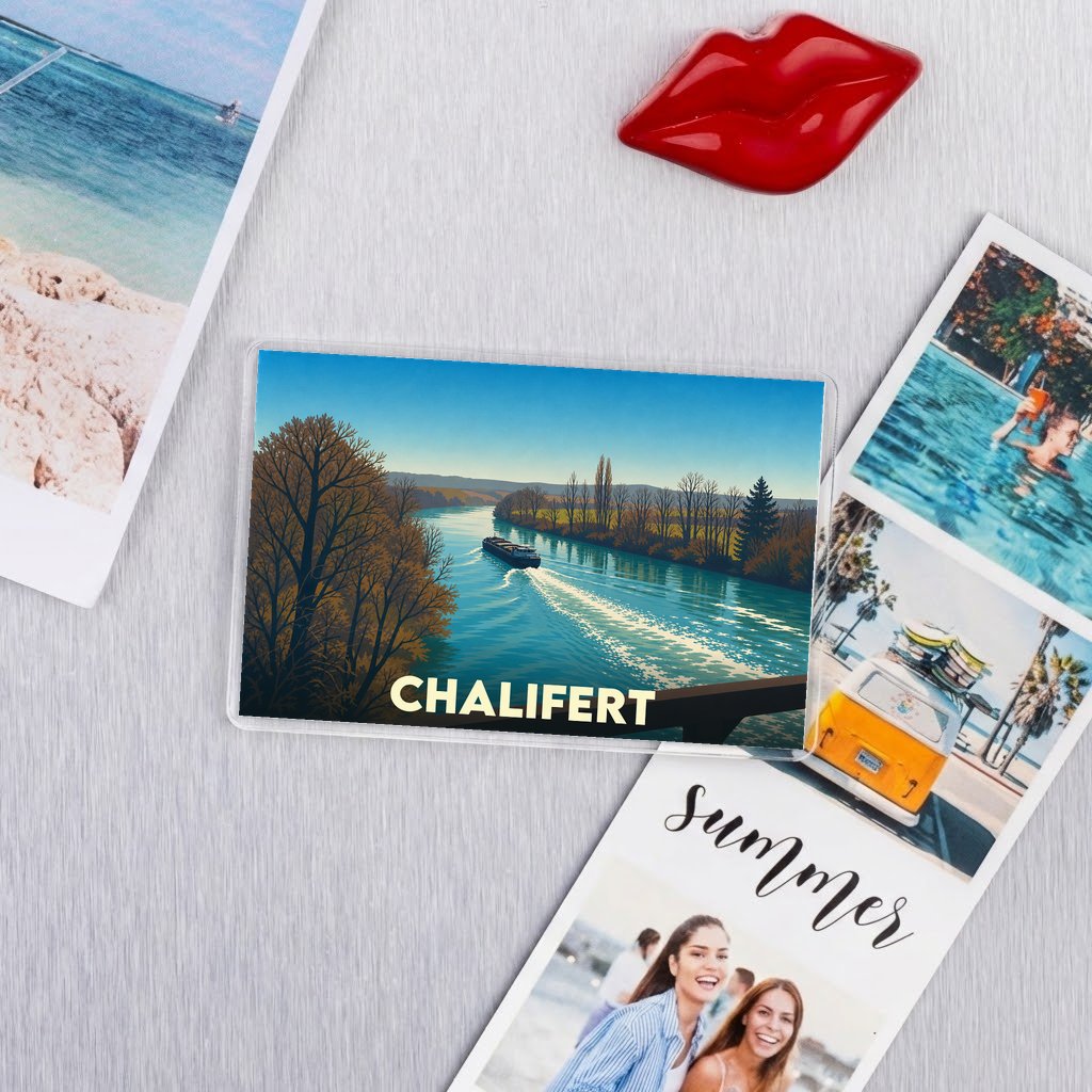 Magnet souvenir de la ville de Chalifert avec une illustration stylisée d'une péniche sur une rivière.
