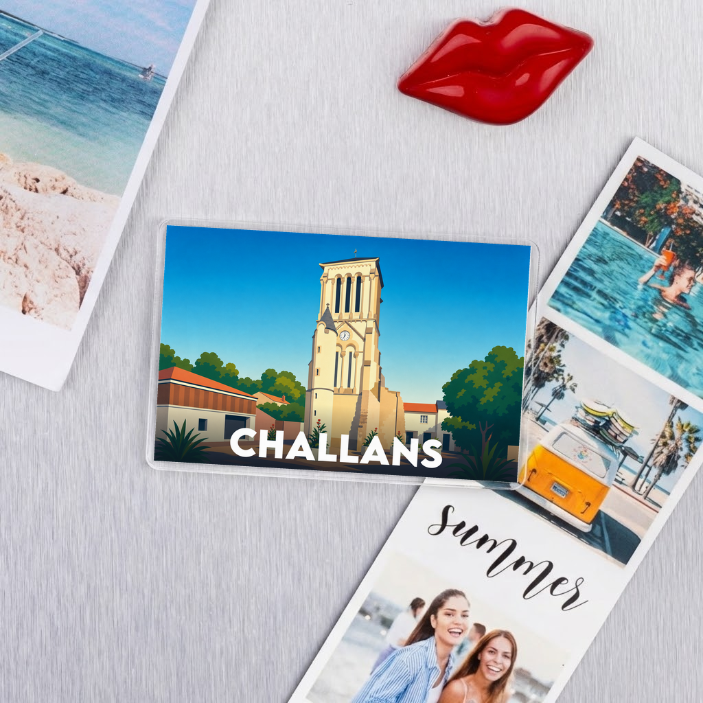 Magnet souvenir de la ville de Challans avec une illustration stylisée.