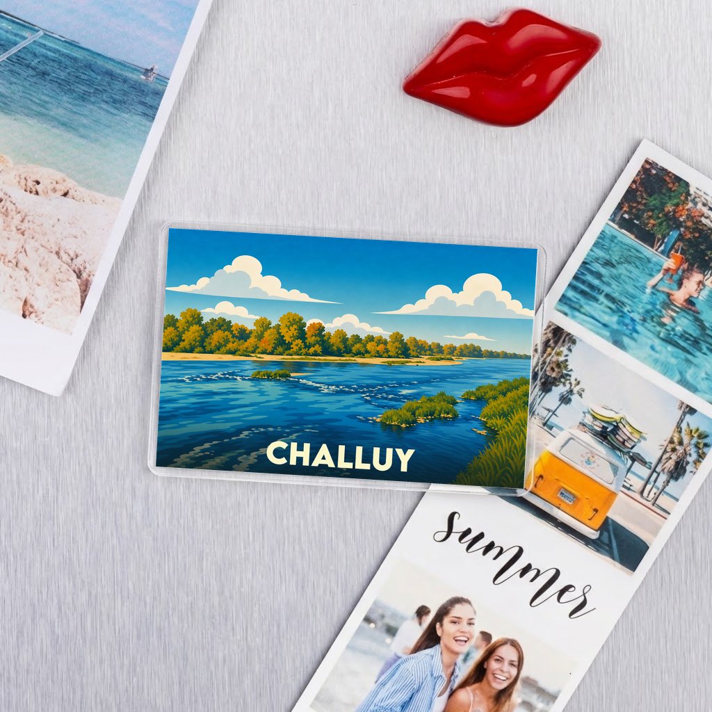 Magnet souvenir de la ville de Challuy avec une illustration stylisée d'un paysage de bord de rivière.