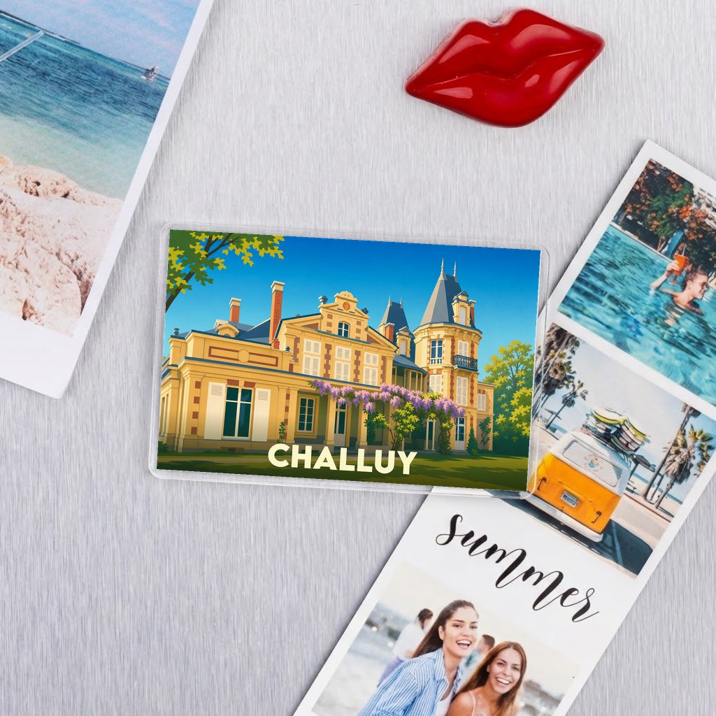 Magnet souvenir de la ville de Challuy avec une illustration stylisée de son patrimoine.