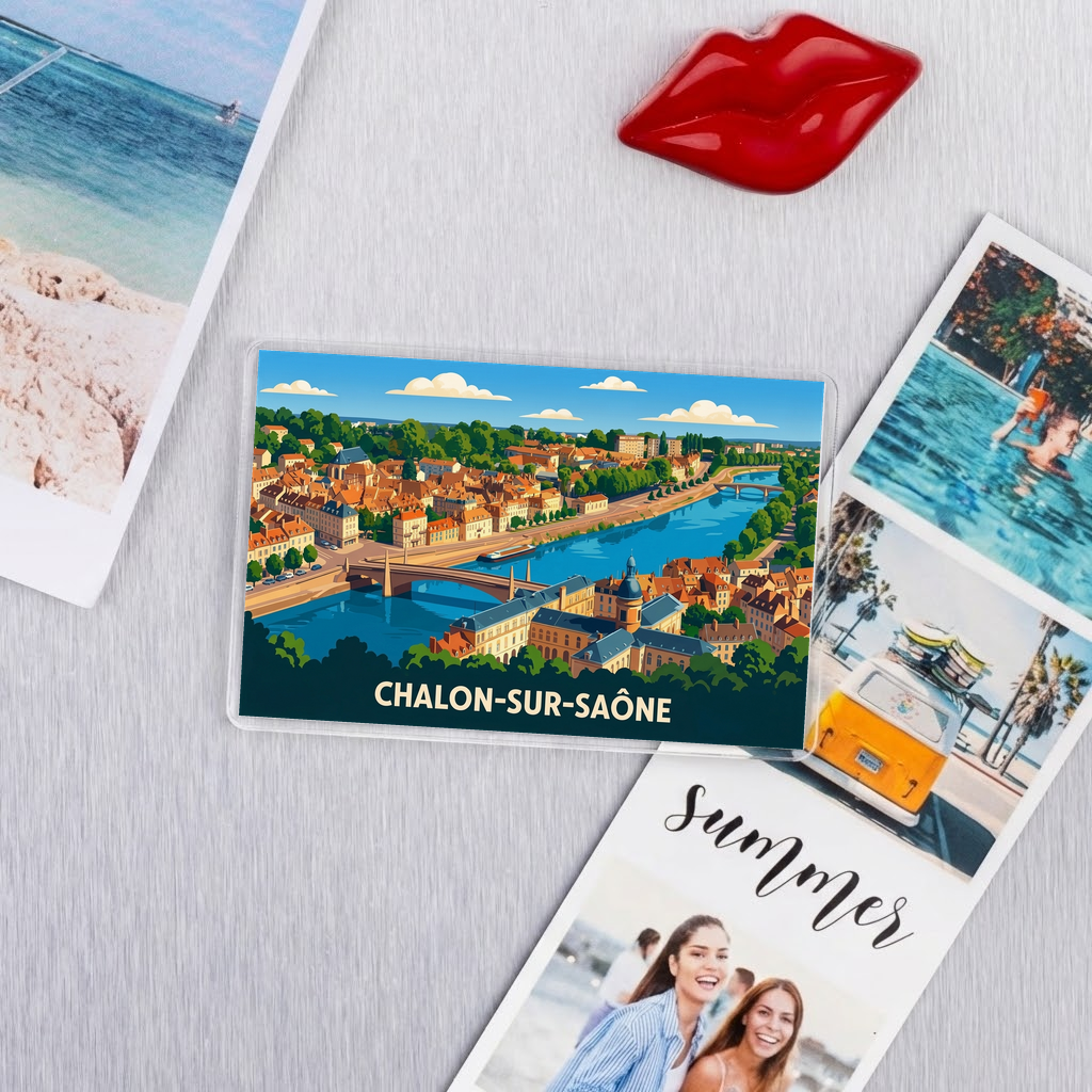 Magnet souvenir de la ville de Chalon-sur-Saône avec une illustration colorée et stylisée.