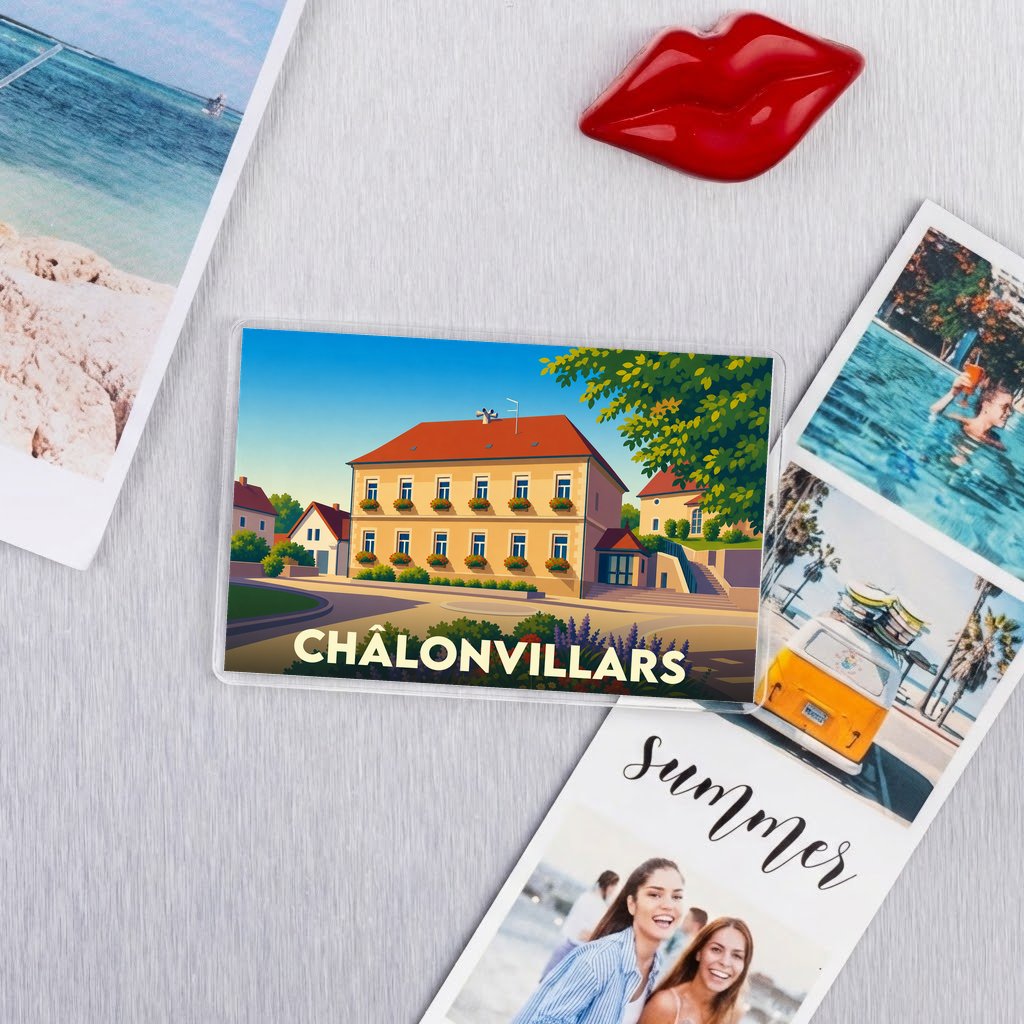 Magnet rectangulaire de la ville de Châlonvillars avec une illustration colorée et stylisée.