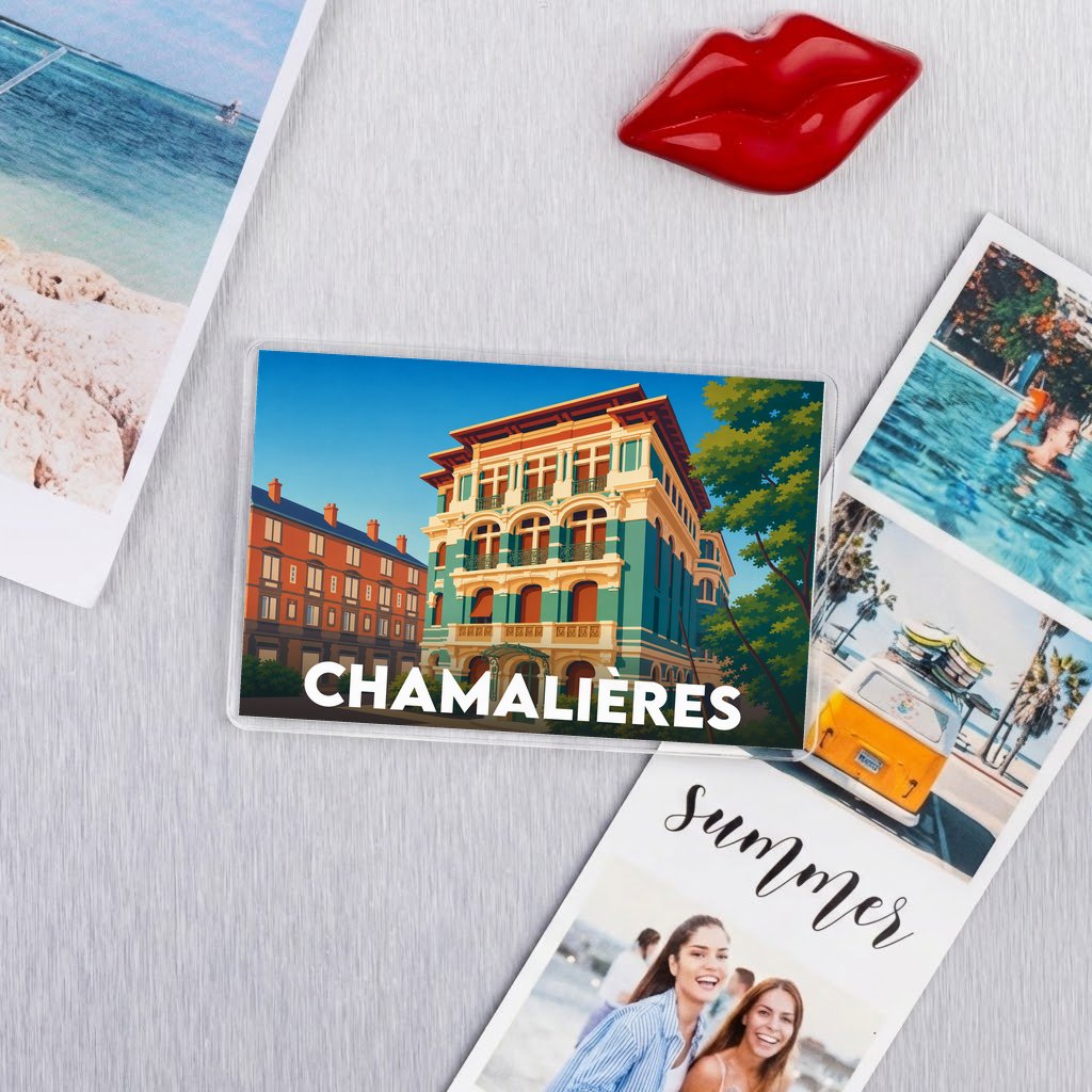 Magnet souvenir de la ville de Chamalières avec une illustration stylisée de ses bâtiments.