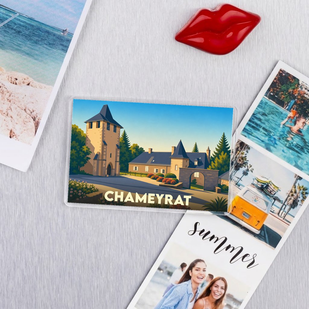 Magnet souvenir de la ville de Chameyrat avec une illustration stylisée d'un manoir.
