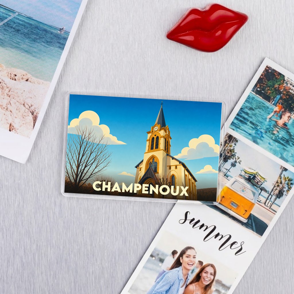 Magnet souvenir de la ville de Champenoux avec une illustration stylisée de son église.