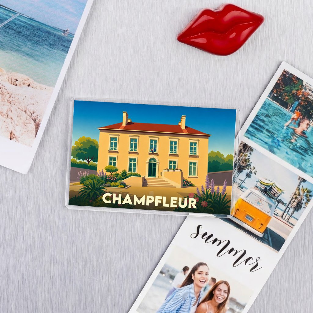 Magnet souvenir de la ville de Champfleur avec une illustration colorée d'une grande demeure.